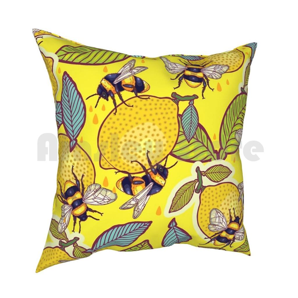 Yellow Lemon And Bee Garden Pillow Case Printed Home Soft Throw Pillow Yellow Bee Garden Honey Hot Summer Sun Bumblebee