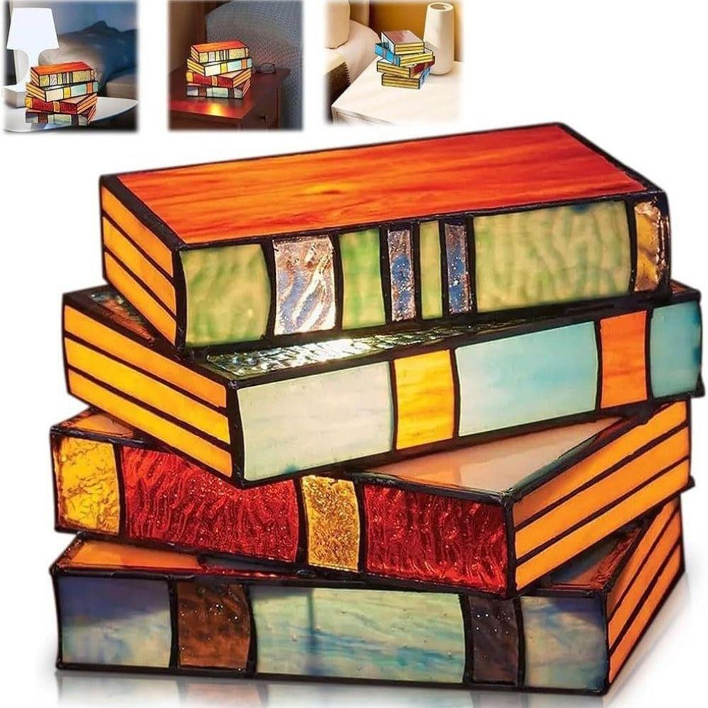 Colorful Design Stacked Books Lamp Resin Handicraft Stained Glass Lamp Stacked Books Design Stained Glass Desk Reading Lights