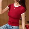 Women's Combed Cotton T-shirt Colour Blocking Short-sleeved Slim and Thin with Round Neck Bottoming Tops