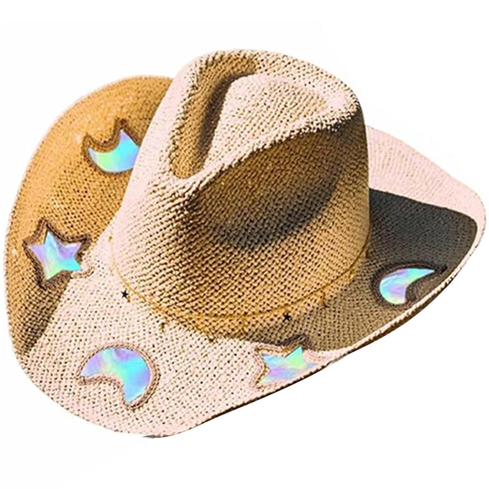 Straw Western Cowboy Hats for Women Girls Star/Moon Shapeable Cowgirl Hat Summer Outdoor Beach Sun Hat Vintage Jazz Hat