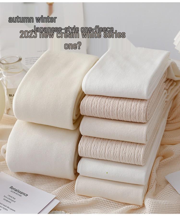 Women's High-Waist Cotton Leggings - Thick, Velvet-Lined, Stirrup Tights In Milk White & Beige for Autumn/Winter