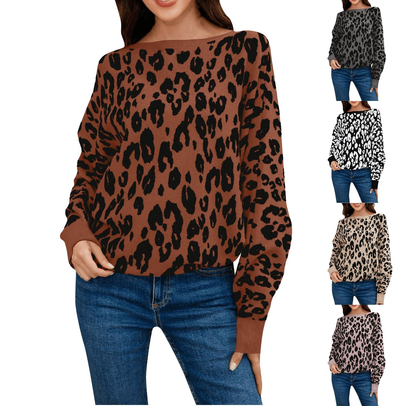 

Женский вязаный свитер с длинным рукавом с леопардовым принтом