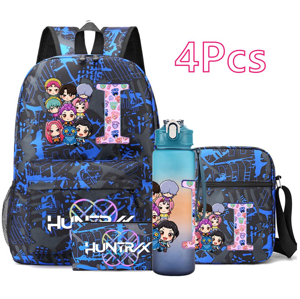 4Pcs/set 26 English Letter Printed Backpack Large Capacity Bookbag Shoulder Bag Case Bag with 750ml Water Bottler Boy Girl Waterproof SchoolBag Gift