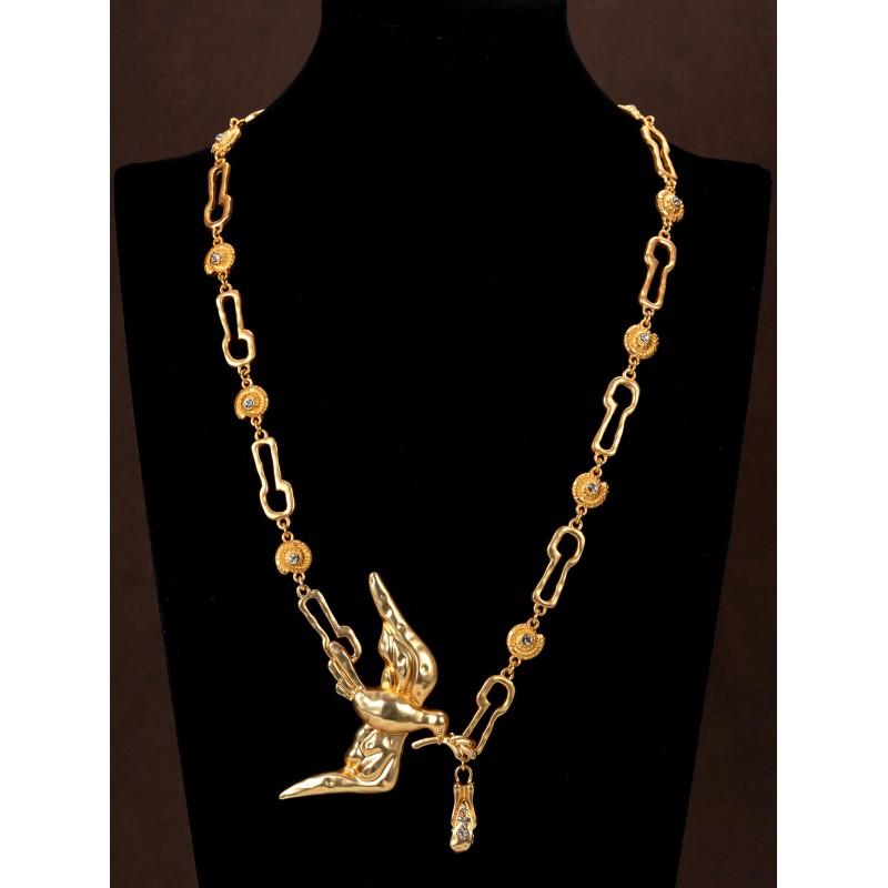 

Vintage Peace Dove Olive Branch Necklace French Lock Hole Splicing Style Pendant Women