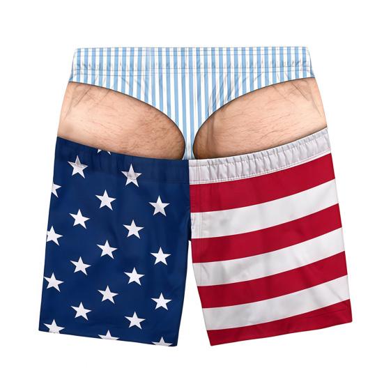 Activewear for Water Sports Men Hairy Booty Shorts, 3D Butt Print Beach Elastic Waist Board Shorts Funny Patriotic Swim Trunks Summer Vacation