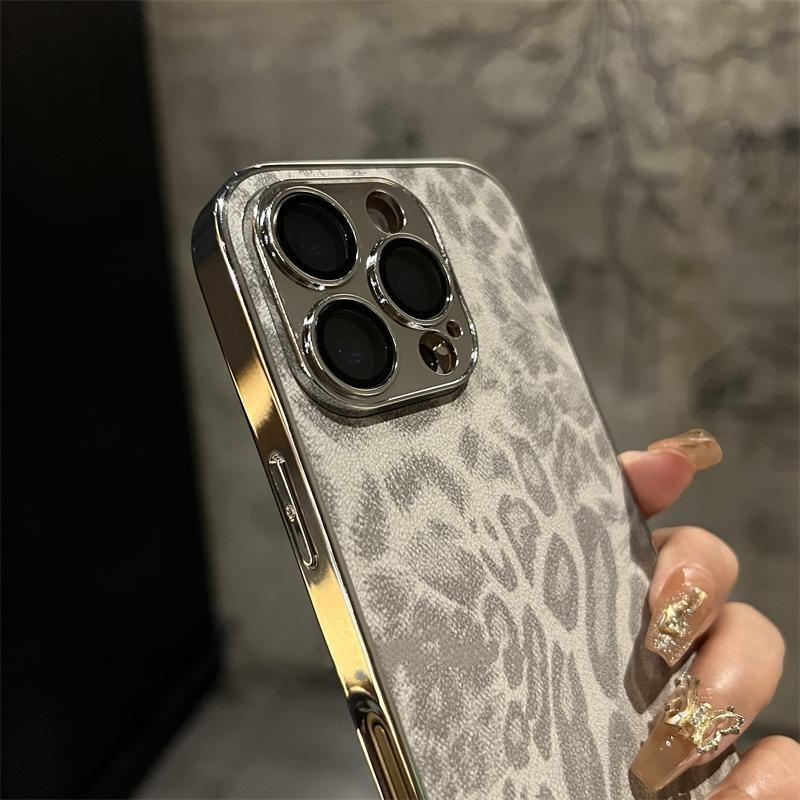 Plating Leopard Texture Leather Case For iPhone 17 Air 16 15 14 13 12 11 Pro Max Plus Lens Protection Shockproof Cover Funda