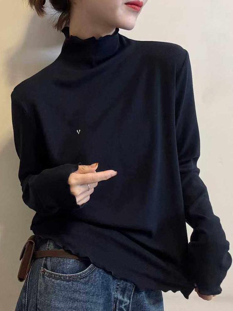 Stylish French Stand Collar Women's Long-Sleeve T-Shirt - Autumn/Winter Casual Wear