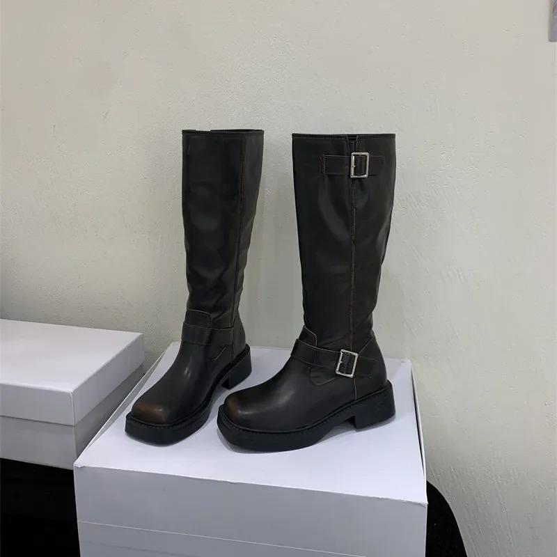 Fashion Retro Belted Long Boots Women's Autumn Winter Fashionable All-Match Knight Style Outerwear Leather Microfiber Knee-High Boots