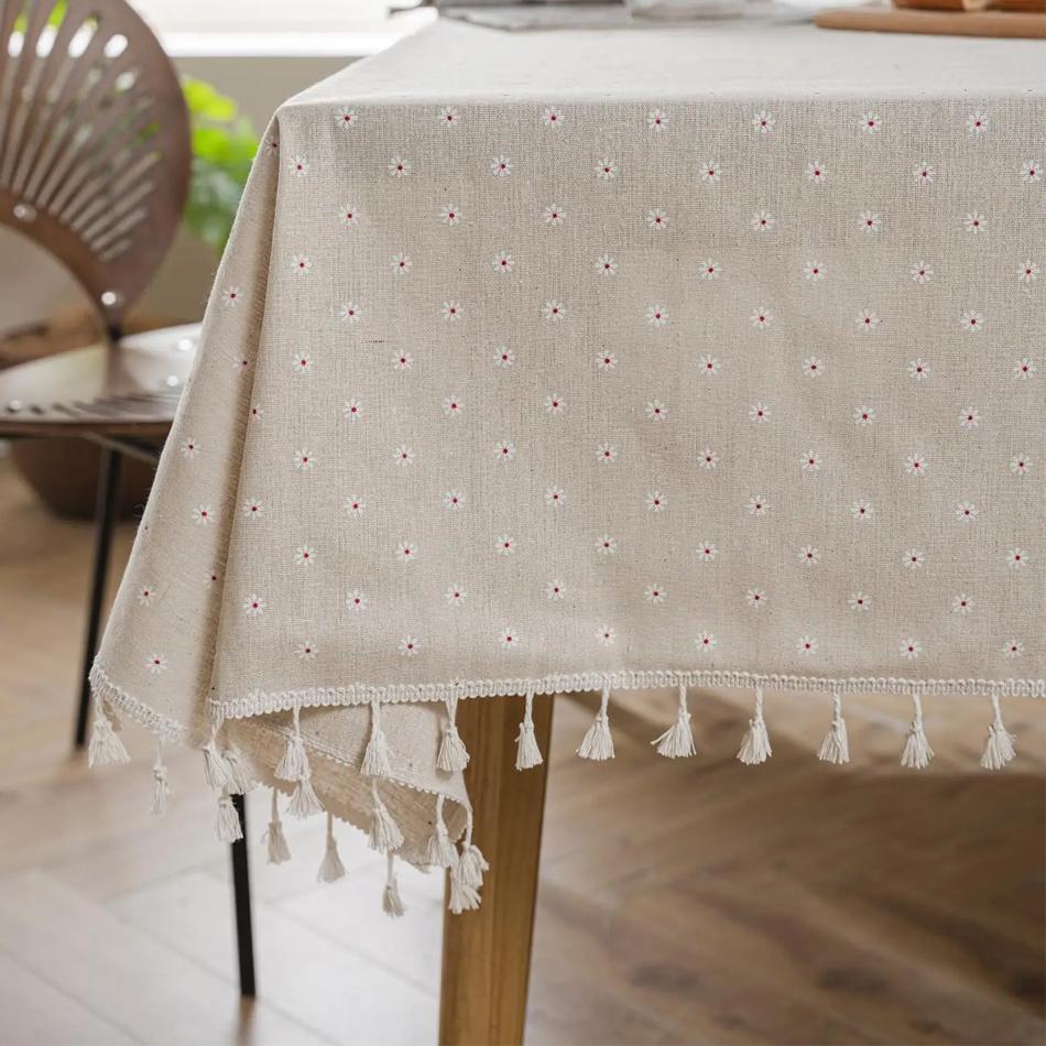 Poliestrowy lniany obrus z koronkowym brzegiem, prostokryty pokrowiec na stół z frędzlami, odporny na kurz, do kuchni, stołu jadalnego, wystroju domu