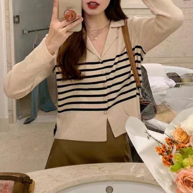 

Весенне-осенний кардиган контрастной расцветки в полоску, классический, с нежным ветром, с маленьким лацканом, вязаный, женский, удобный, универсальный, маленький топ абрикосовый