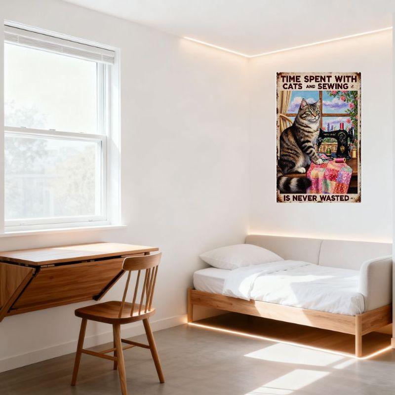 Vintage Metal Sign 'TIME SPENT WITH CATS AND SEWING' Rustic Cat Sewing Machine Patchwork Quilt Wall Decor for Home Office Bar Ca