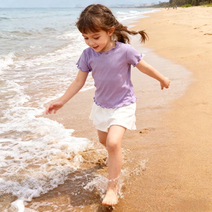 HD Korean Style Girls' Summer Striped Ruffle Trim Toddler Top - Sweet Candy Color Short Sleeve T-Shirt