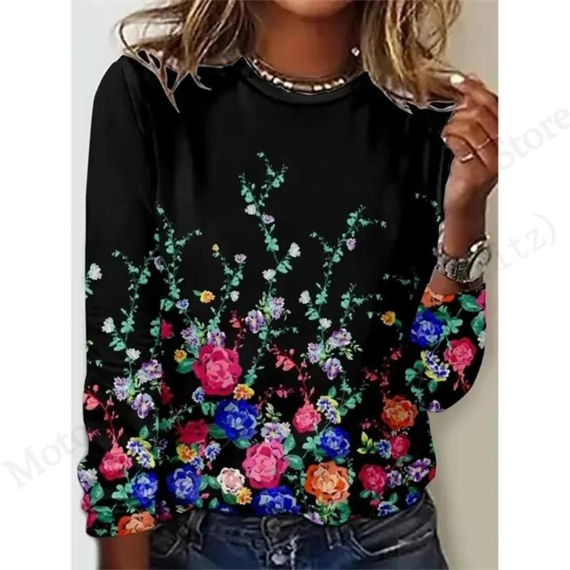 2025 New Floral 3d Print T-Shirt Casual Crew Neck Long Sleeve T-shirt Women's Clothing Fashion Casual Oversized Tops Tees Female