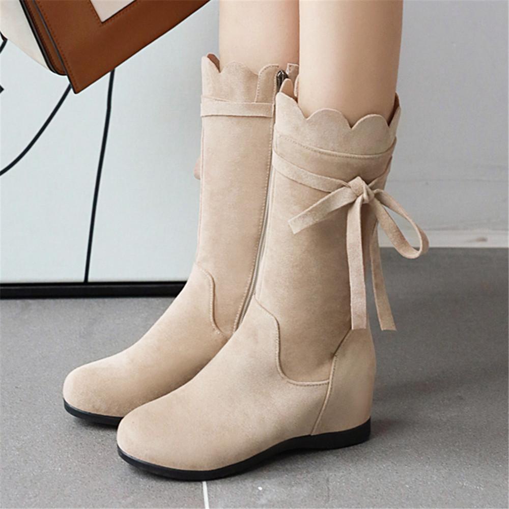 Fashion Women Winter New Versatile Boots Mid Calf Low Heeled Zip Boots Chunky Heel Bow Boots Sweet Girls Botas Mujer Black Apricot