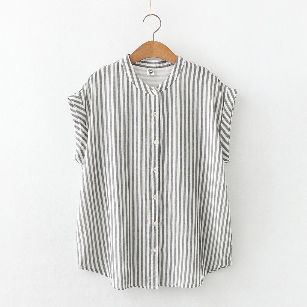 Japanese Minimalist Plaid Women's Sleeveless Stand Collar Shirt & Classic Short Sleeve Shirt