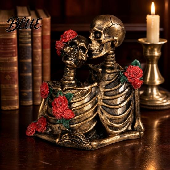 Gothic Skeleton Figurine Halloween Couple Figurine Vintage Kissing Resin Statue Ornament Rose Sculpture for Holiday Party Decoration