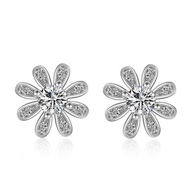 Boucles d'oreilles à tige en forme de marguerite en zircone super flash, bijoux en argent pour femmes, tempérament pastoral, doux, plaqué argent
