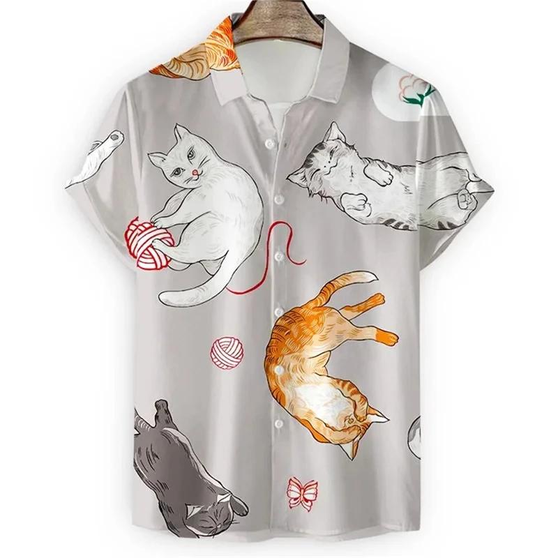 Neues Kawaii 3D Cartoon Anime Katzen Print Hemd für Herren Coole Designs Kurzarm Knopf Hawaiianische Hemden Urlaubs Strand Tops Bluse
