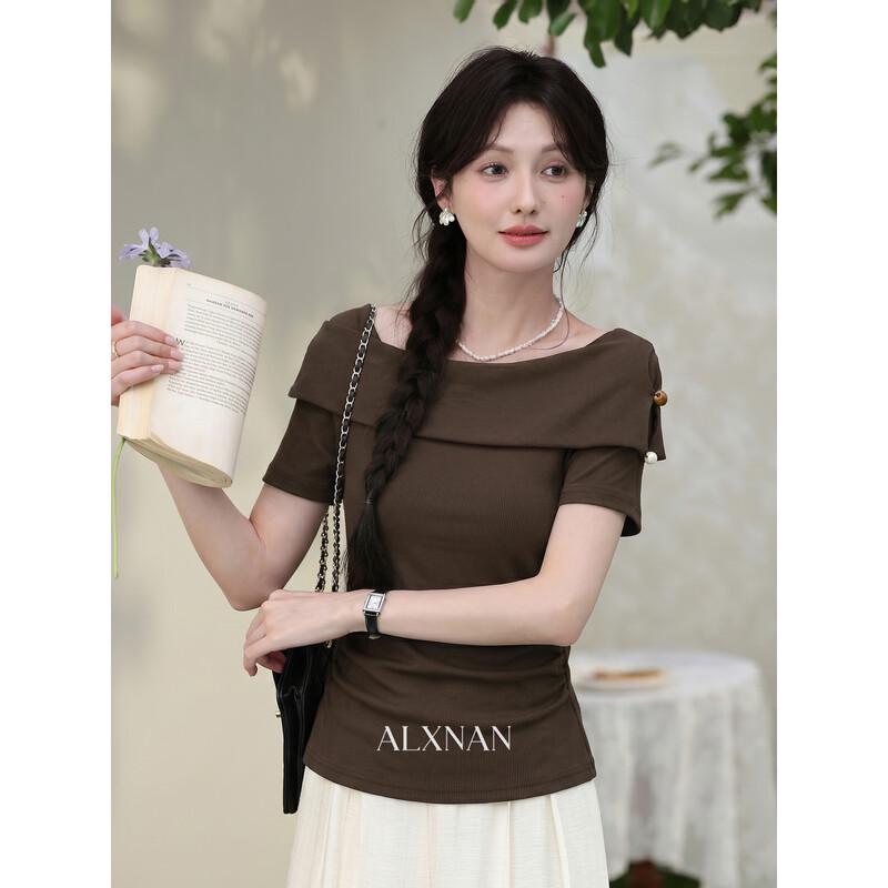 Lu Xiangnan French Off-shoulder Coffee T-shirt S