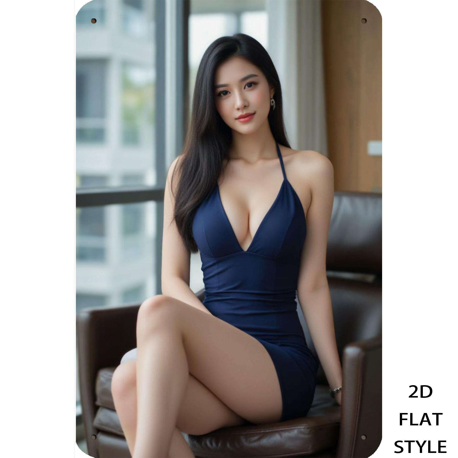 

HD Metal Tin Sign Elegant Asian Woman in Navy Blue Halter Bodycon Dress Posing on Leather Chair Vintage Wall Art Decor for Bedro 20x30cm（7.8x11.8inch）