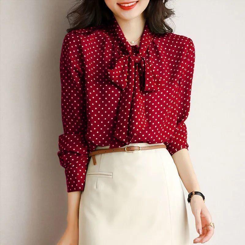 Spring Autumn Elegant Fashion Polka Dot Printing Shirt Women Long Sleeve Bow Blouse Female Temperament Top