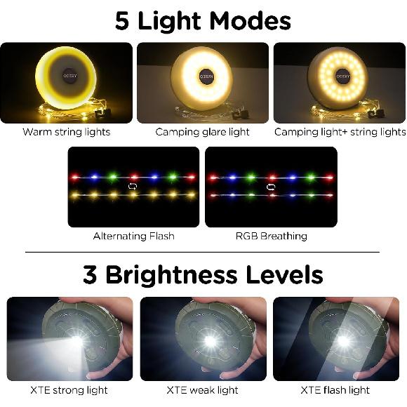OGERY Camping String Lights 4 In 1, 32.8FT Quick Storage 8 Modes Protable | Rechargeable Fairy Tent Lights String, Hanging Lantern LED Lamp for