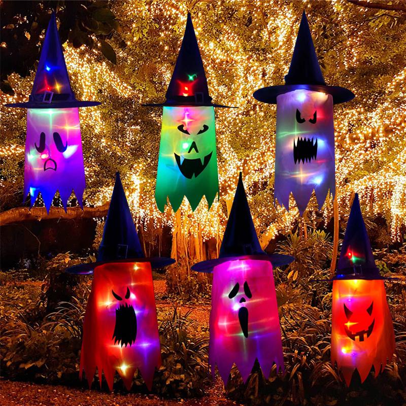 Halloween Hanging Glowing Ghost Hat Lights Decoration Glowing Witch Hat alloween Party Props for Outdoor, Yard, Tree