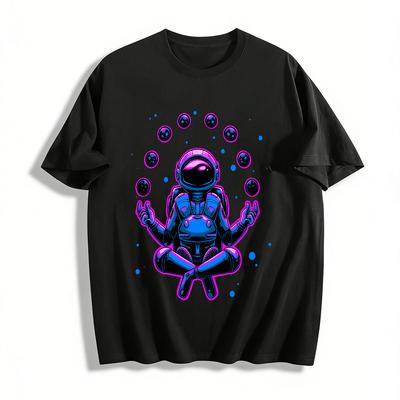 Cyber Zen Astronaut Print Tee Trendy Space Theme Casual Top Pure Cotton T-shirt