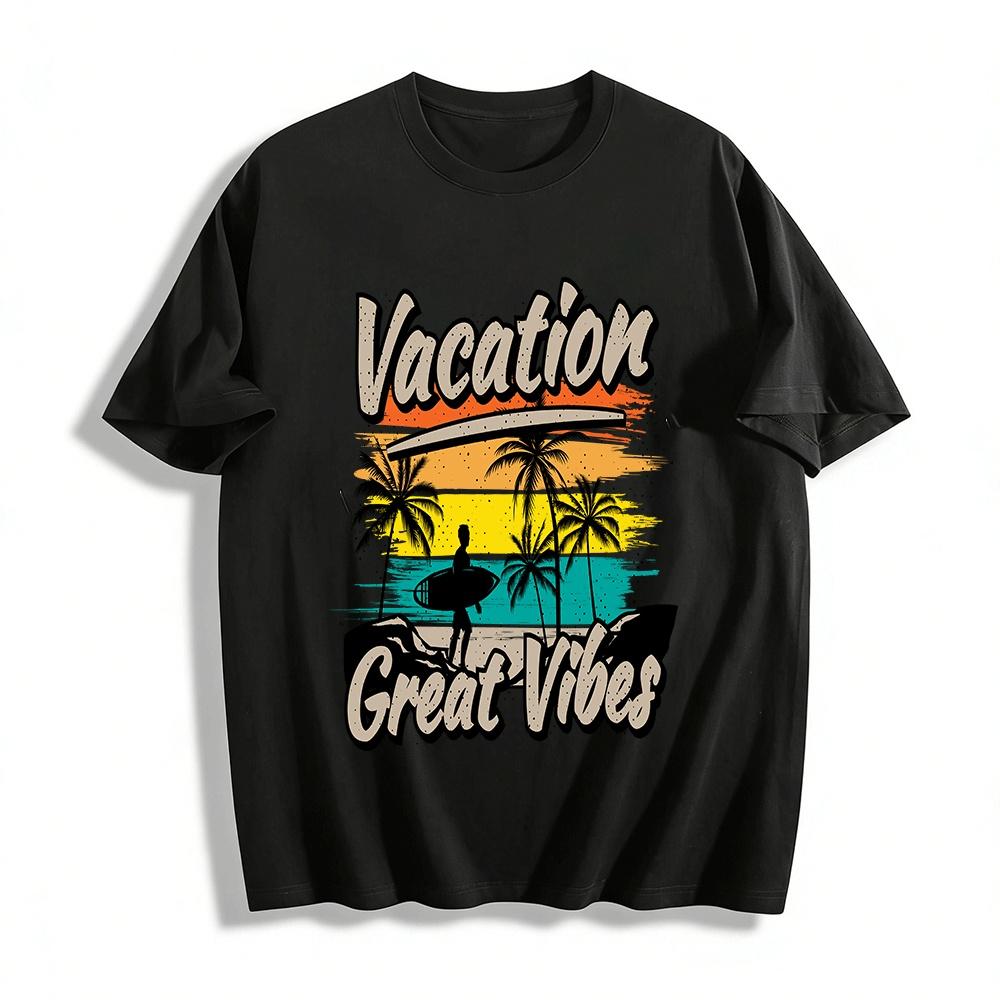 Vacation Great Vibes Coconut Tree Surfer Print Casual Tee Pure cotton T-shirt XXS