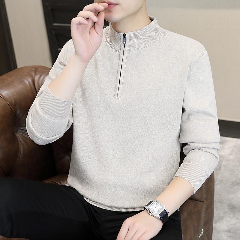 Men's Fleece-Lined Half-Zip Stand Collar Sweater - Solid Color Warm Autumn/Winter Base Layer Jacket
