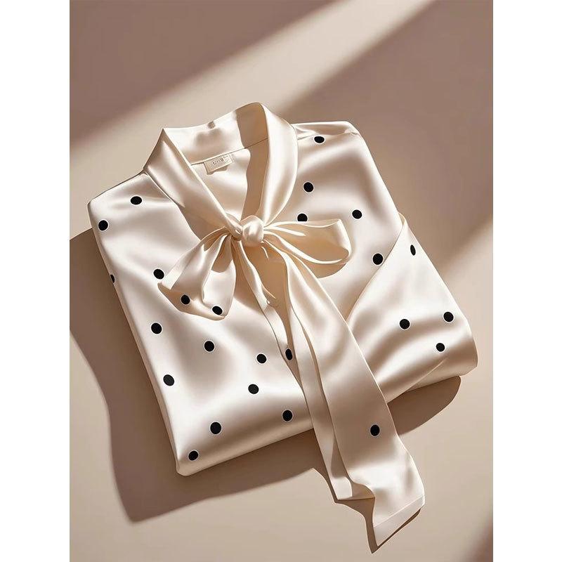 Elegant High Quality Satin Polka Dot Print Shirt Women Office Lady Business Casual Chic Blouse Lace-up Bow Long Sleeve Loose Top