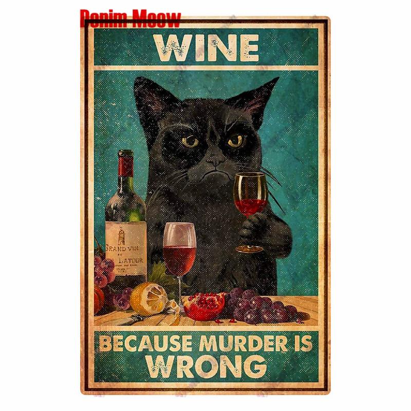Vintage Turquoise Cat Metal Poster, I Drink Wine Wall Tin Sign, Retro Frogs, Wine Plate for Elf Bar, Pub and Garden Decor, WY52
