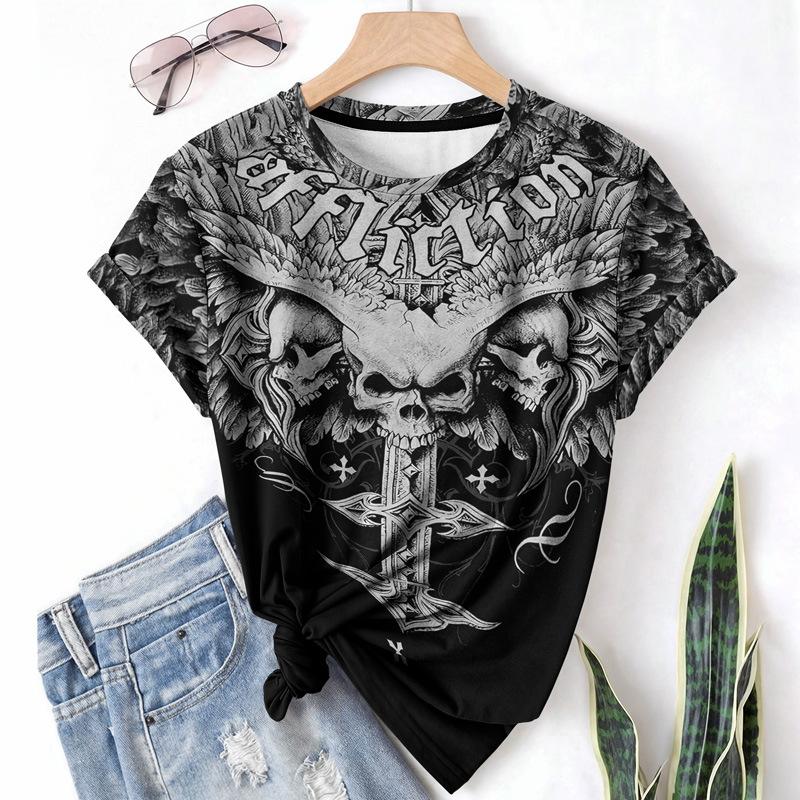Women's Skeleton Casual Sports T-shirt Summer Round Neck Short Sleeve Fashionable Lightweight Women Shirt