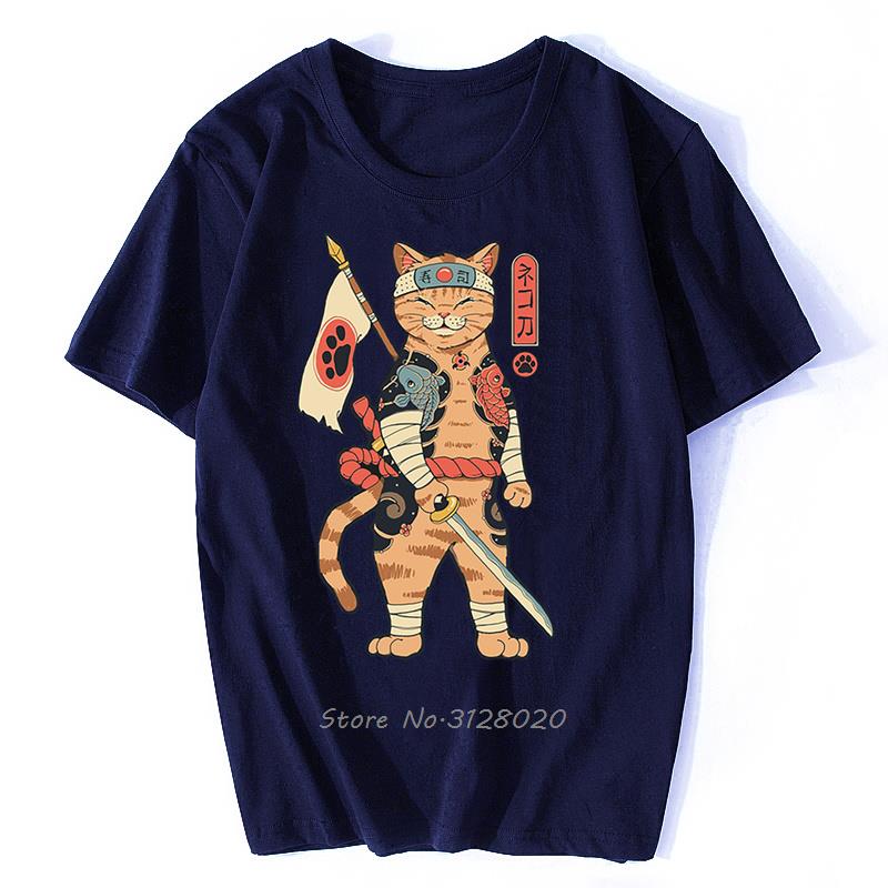Anime Samurai Cat T Shirt Men Japanese Ukiyo-E Ninja Cat Print T-Shirt Men Cotton Tshirt Fashion Streetwear Harajuku Tees