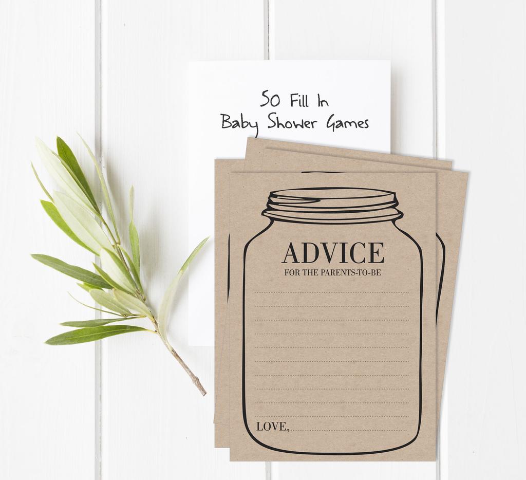 Inkdotpot 50A  Advice CardsA  For Baby Shower Game Mason Jar Advice For New Mom & Dad Gender Neutral Boy Or GirlA  Rustic Kraft Party