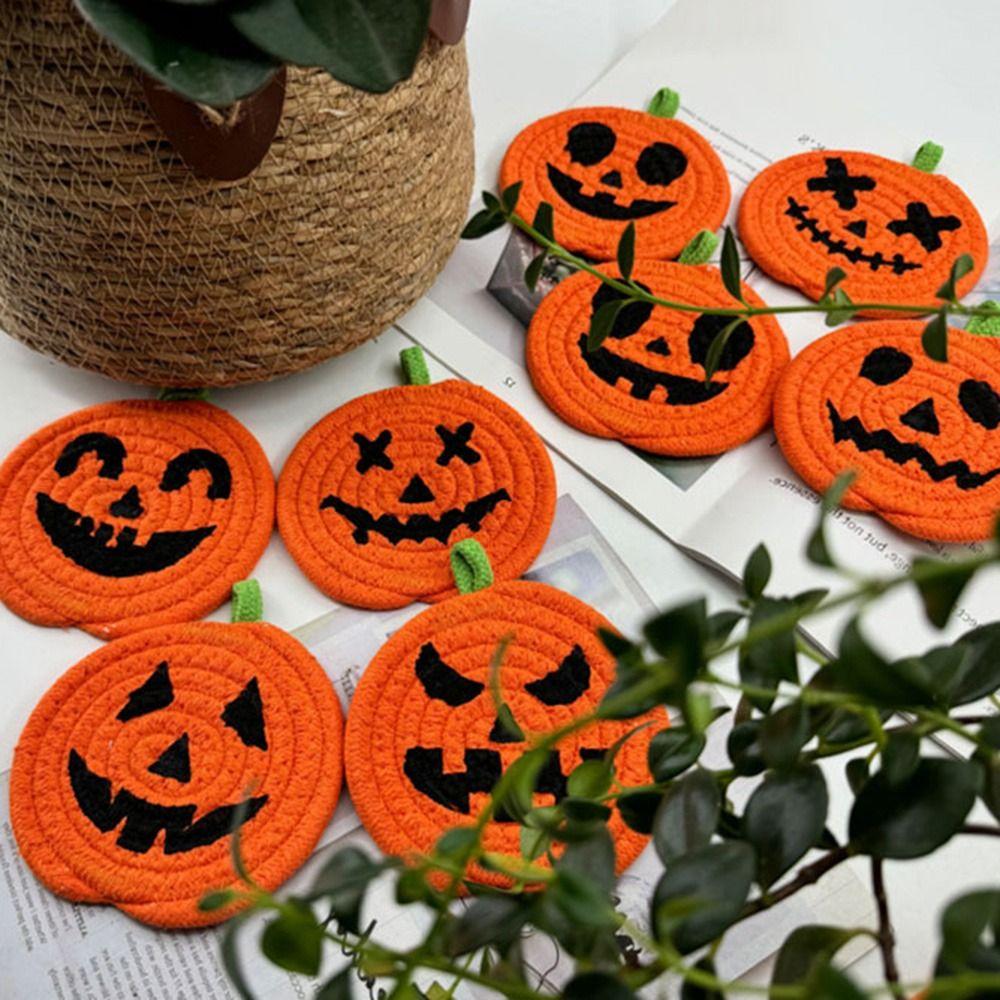 4/8Pcs Handwoven Pumpkin Shaped Coasters Creative Non-Slip Cup Mat  Halloween Decor