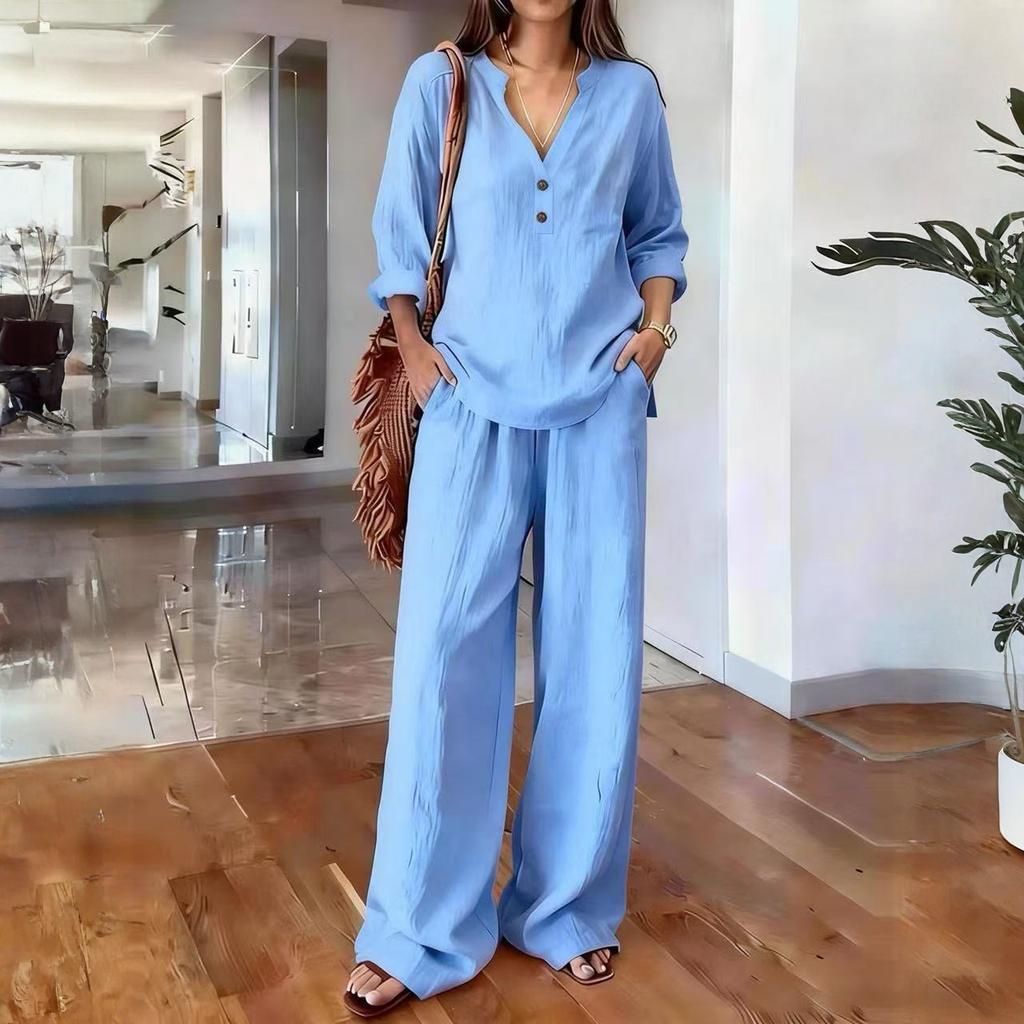 Women's Two-Piece -color Cotton And Linen Long-sleeved V-neck Top Straight-leg Casual Trousers Set