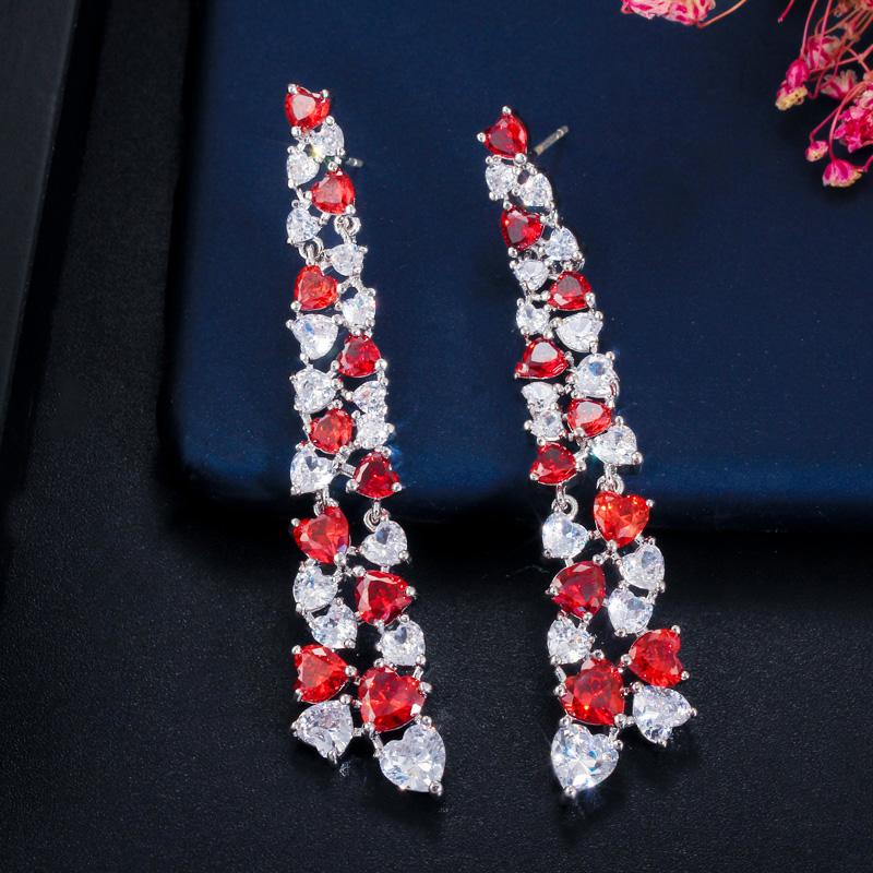 CMM Unique Love Heart Cut Sparkly Red Cubic Zirconia Long Dangle Drop Earrings for Women Jewelry Gift