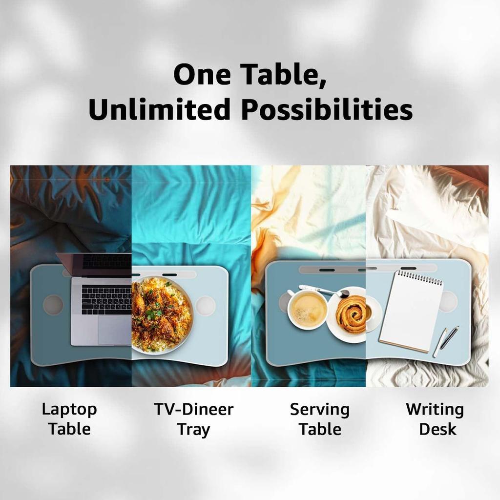 Engineered Wood Foldable Laptop Table with Cup Holder, Tablet Groove and Mini Drawer (60L X 40W X 26H Cm, Blue)