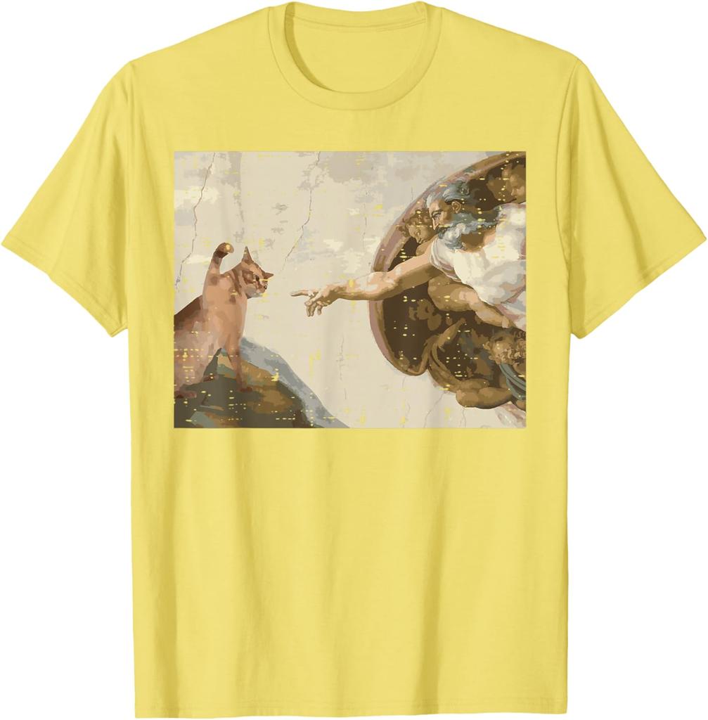 Creation Of Adam Cat Meme Art Graphic Tee Casual Short Sleeve Tshirt For Unisex