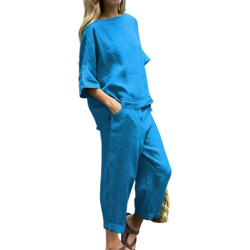 Women's Round Neck Color Casual Cotton Linen 3/4 Sleeve Top And Pants Set