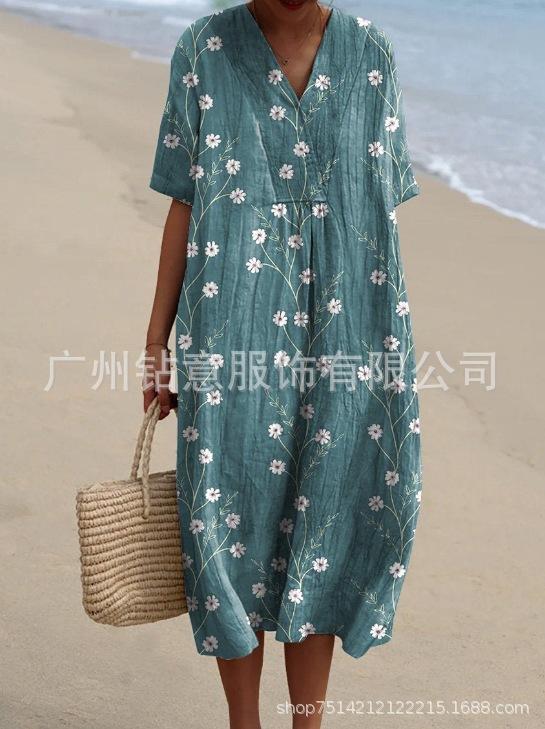 New Loose Casual Comfortable V-neck Digital Printing Pleated Large Version Dress