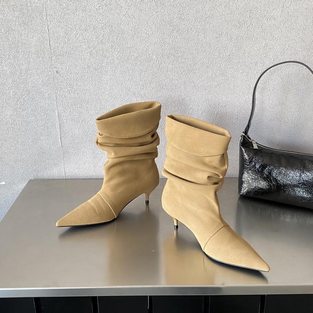 Pointed suede pleated western cowboy boots women's 2025 autumn new low-heeled kitten and short boots fashion stacking boots