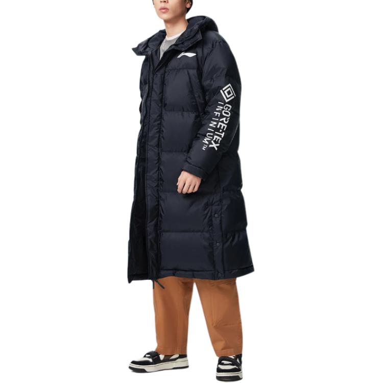 Li-Ning Basketball Series Solid Color Logo Print Loose Long Duck Down Cardigan Men Outerwear Black AYMS245-1