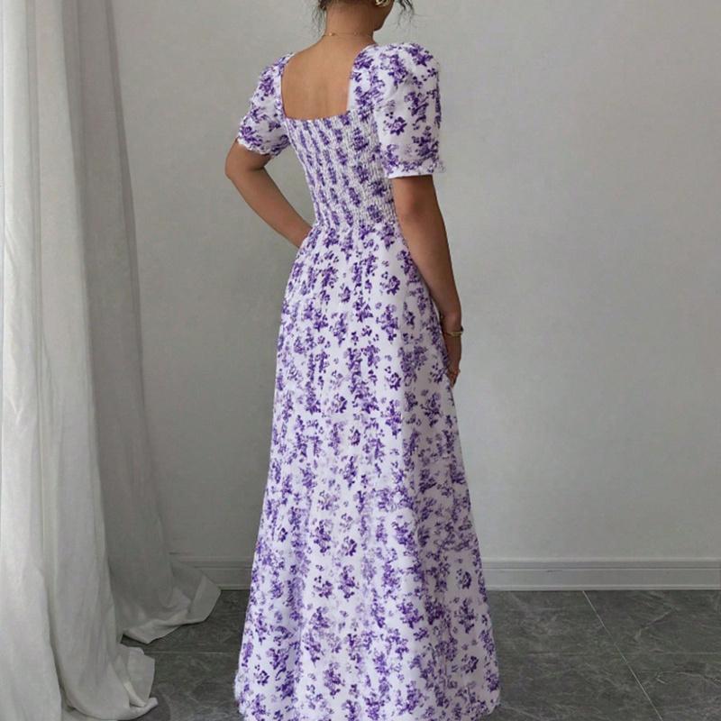 Ruffle Edge Dress Women Puff Sleeves Printed Slim Fit Spring Summer Size S-XXL