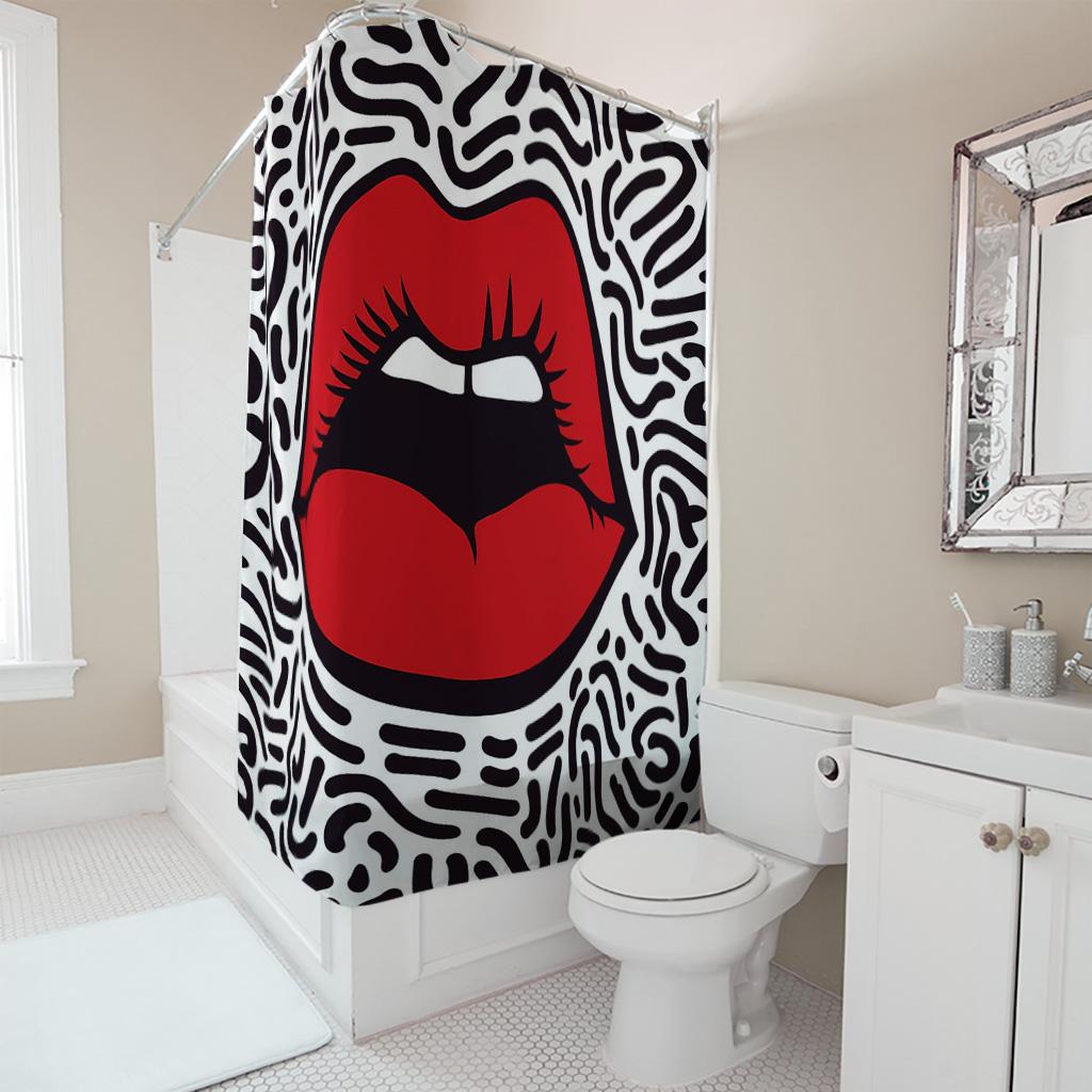 Pop Art Red Lips Shower Curtain, Retro 80S 90S Memphis Style Black & White Squiggle Pattern, Sexy Bathroom Decor Accessory