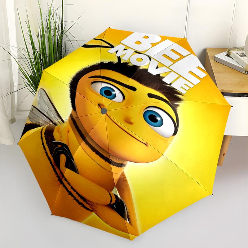 Bee Movie Print Automatic Umbrella, 8 Rib Iron Frame, Plastic Handle, Suitable for Outdoor Travel &Daily , Ideal Gift
