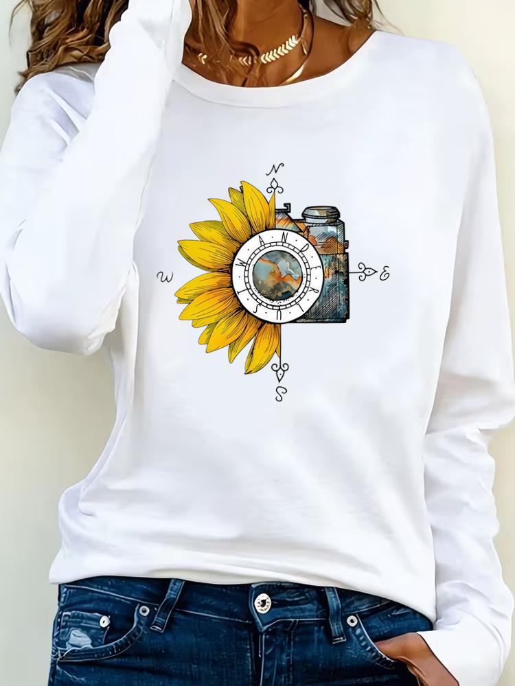 (Asian Size) sweet flower cute 90s Tee Lady Printed  Female Clothing Women T Shirt Casual Fashion Top Long Sleeve  Graphic T-shirts