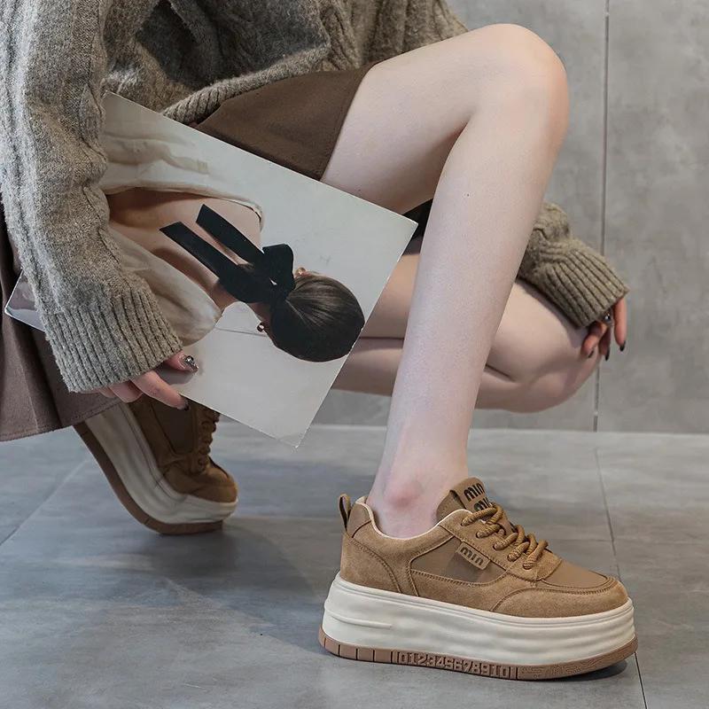 High Quality 7CM Cloth Suede Genuine Leather Fashion Women Autumn Chunky Sneaker Platform Wedge Women Vulcanize New Spring Shoes