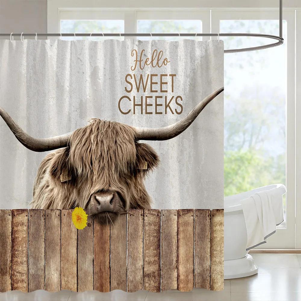 Wood Door Cow Shower Curtain Farm Animal Barn Door Wooden Wheel Pumpkin Sunflower Retro Bath Curtain Bathroom Accessories Set